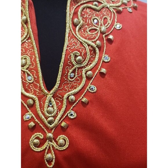 Vintage Embroidered Beaded Red & Gold Dress Gown by Jeannene Booher 80's Elegant - Picture 10 of 13
